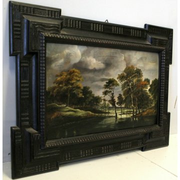 ANTICO QUADRO OLIO TAVOLA PAESAGGIO NORDICO LAGO LAGUNA SCUOLA FIAMMINGA '800 