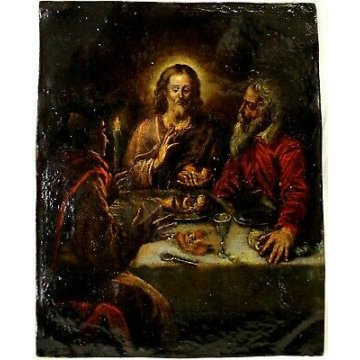 ANTICO DIPINTO OLIO RAMINO GESU' MENSA DESCO CENA EMMAUS CONDIVISIONE '600