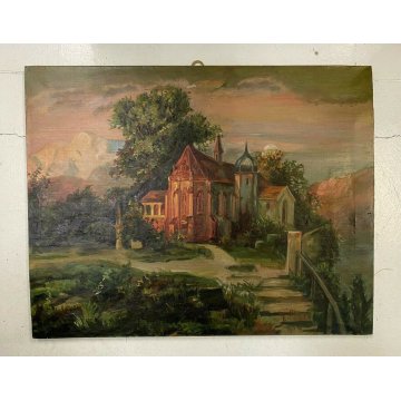 ANTICO DIPINTO G. Mosca QUADRO PAESAGGIO CHIESA GOTICA CREPUSCOLO LUNA LAGO 1908