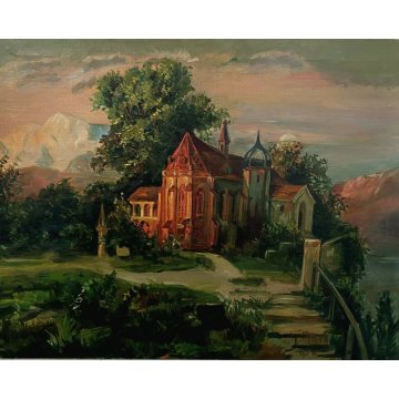 ANTICO DIPINTO G. Mosca QUADRO PAESAGGIO CHIESA GOTICA CREPUSCOLO LUNA LAGO 1908