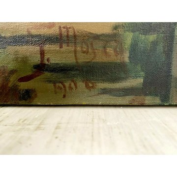 ANTICO DIPINTO G. Mosca QUADRO PAESAGGIO CHIESA GOTICA CREPUSCOLO LUNA LAGO 1908