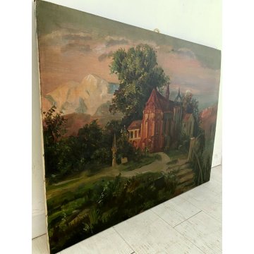 ANTICO DIPINTO G. Mosca QUADRO PAESAGGIO CHIESA GOTICA CREPUSCOLO LUNA LAGO 1908