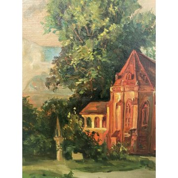 ANTICO DIPINTO G. Mosca QUADRO PAESAGGIO CHIESA GOTICA CREPUSCOLO LUNA LAGO 1908