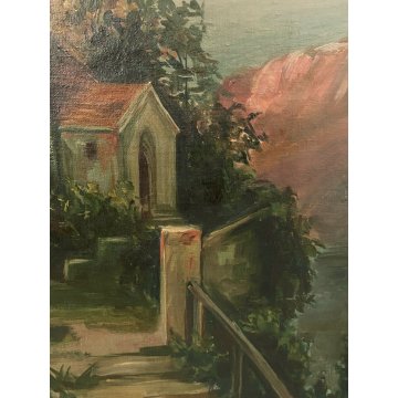 ANTICO DIPINTO G. Mosca QUADRO PAESAGGIO CHIESA GOTICA CREPUSCOLO LUNA LAGO 1908