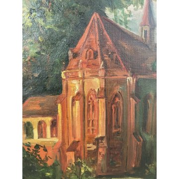 ANTICO DIPINTO G. Mosca QUADRO PAESAGGIO CHIESA GOTICA CREPUSCOLO LUNA LAGO 1908