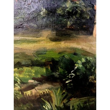 ANTICO DIPINTO G. Mosca QUADRO PAESAGGIO CHIESA GOTICA CREPUSCOLO LUNA LAGO 1908