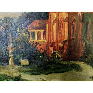ANTICO DIPINTO G. Mosca QUADRO PAESAGGIO CHIESA GOTICA CREPUSCOLO LUNA LAGO 1908