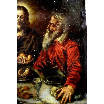 ANTICO DIPINTO OLIO RAMINO GESU' MENSA DESCO CENA EMMAUS CONDIVISIONE '600