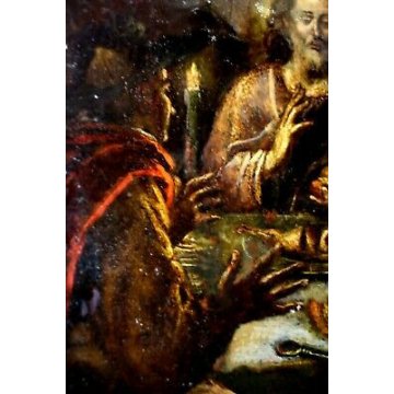 ANTICO DIPINTO OLIO RAMINO GESU' MENSA DESCO CENA EMMAUS CONDIVISIONE '600