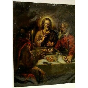 ANTICO DIPINTO OLIO RAMINO GESU' MENSA DESCO CENA EMMAUS CONDIVISIONE '600