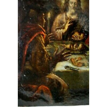 ANTICO DIPINTO OLIO RAMINO GESU' MENSA DESCO CENA EMMAUS CONDIVISIONE '600