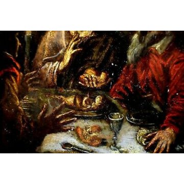 ANTICO DIPINTO OLIO RAMINO GESU' MENSA DESCO CENA EMMAUS CONDIVISIONE '600