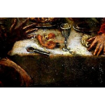 ANTICO DIPINTO OLIO RAMINO GESU' MENSA DESCO CENA EMMAUS CONDIVISIONE '600