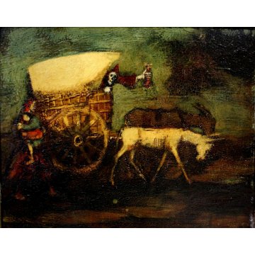 ANTICO DIPINTO OLIO TAVOLA Walter Krebs CARROZZA DONNA BIMBO TESCHIO SVIZZERA 