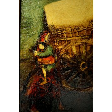 ANTICO DIPINTO OLIO TAVOLA Walter Krebs CARROZZA DONNA BIMBO TESCHIO SVIZZERA 