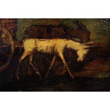 ANTICO DIPINTO OLIO TAVOLA Walter Krebs CARROZZA DONNA BIMBO TESCHIO SVIZZERA 