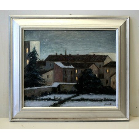 ANTICO DIPINTO OLIO TAVOLA Giulio Vanzaghi SERA INVERNALE PAESAGGIO NOVARA 1961