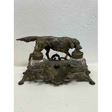 ANTICO GRANDE CALAMAIO CANE DA CACCIA FIRMATA ANTIMONIO BRONZATO LIBERTY OLD 