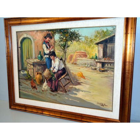 QUADRO OLIO TELA Luciano Lutring VEDUTA PAESAGGIO VITA CAMPAGNA LAGO MAGGIORE