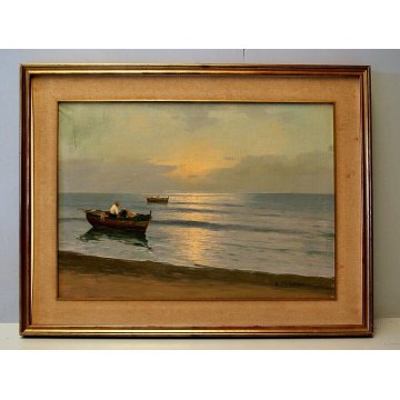 QUADRO OLIO TELA E. Petrella PAESAGGIO MARINA BARCHE ALBA TRAMONTO PESCATORI 900