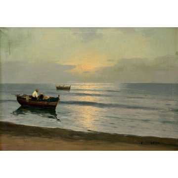 QUADRO OLIO TELA E. Petrella PAESAGGIO MARINA BARCHE ALBA TRAMONTO PESCATORI 900