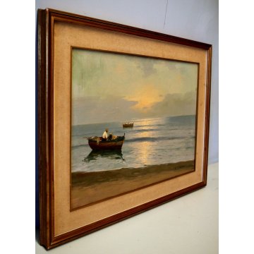 QUADRO OLIO TELA E. Petrella PAESAGGIO MARINA BARCHE ALBA TRAMONTO PESCATORI 900