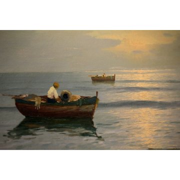 QUADRO OLIO TELA E. Petrella PAESAGGIO MARINA BARCHE ALBA TRAMONTO PESCATORI 900