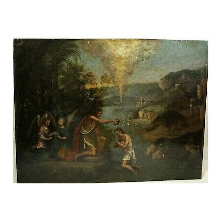  ANTICO DIPINTO RAMINO BATTESIMO GESU' CRISTO S.GIOVANNI BATTISTA ANGELI XVIII