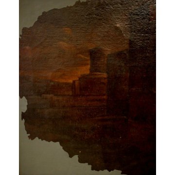 ANTICO STRAPPO AFFERSCO VEDUTA PAESAGGIO CON ARCHITETTURE MURA MEDIEVALI 