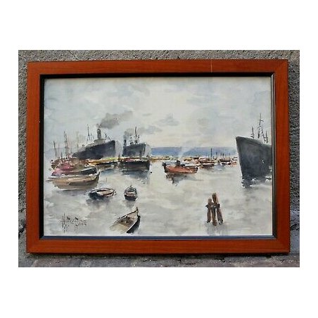 ANTICO QUADRO ACQUERELLO VEDUTA PORTO MARINA NAVI BARCHE PRIMA META' 900