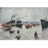 ANTICO QUADRO ACQUERELLO VEDUTA PORTO MARINA NAVI BARCHE PRIMA META' 900