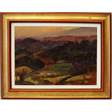 DIPINTO OLIO TELA Carlo Monti PAESAGGIO COLLINE TRAMONTO ARONA LAGO MAGGIORE