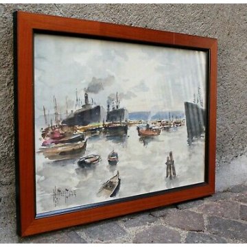 ANTICO QUADRO ACQUERELLO VEDUTA PORTO MARINA NAVI BARCHE PRIMA META' 900