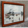 ANTICO QUADRO ACQUERELLO VEDUTA PORTO MARINA NAVI BARCHE PRIMA META' 900