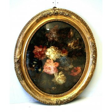 ANTICO DIPINTO OLIO OVALE NATURA MORTA FIORI PEONIE IPOMEA CORNICE ORO PRIMO'900