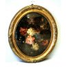 ANTICO DIPINTO OLIO OVALE NATURA MORTA FIORI PEONIE IPOMEA CORNICE ORO PRIMO'900