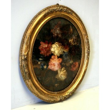 ANTICO DIPINTO OLIO OVALE NATURA MORTA FIORI PEONIE IPOMEA CORNICE ORO PRIMO'900