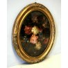 ANTICO DIPINTO OLIO OVALE NATURA MORTA FIORI PEONIE IPOMEA CORNICE ORO PRIMO'900