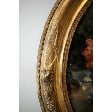 ANTICO DIPINTO OLIO OVALE NATURA MORTA FIORI PEONIE IPOMEA CORNICE ORO PRIMO'900