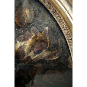 ANTICO DIPINTO OLIO OVALE NATURA MORTA FIORI PEONIE IPOMEA CORNICE ORO PRIMO'900