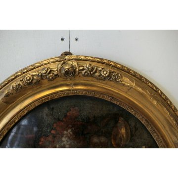 ANTICO DIPINTO OLIO OVALE NATURA MORTA FIORI PEONIE IPOMEA CORNICE ORO PRIMO'900