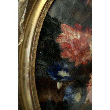 ANTICO DIPINTO OLIO OVALE NATURA MORTA FIORI PEONIE IPOMEA CORNICE ORO PRIMO'900