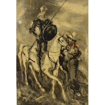 ANTICO QUADRO Edmondo Poletti GRAFFITO OLIO SU CARTA Don Chisciotte PE 52 NOVARA