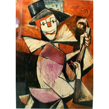 ANTICO QUADRO Edmondo Poletti GRAFFITO OLIO CARTA MASCHERA VIOLINO PE 52 NOVARA