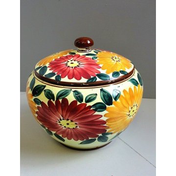 ANTICA BISCOTTIERA CERAMICA Ghirla FIORI FOGLIE VASO COPERCHIO POTTERY JAR VASE