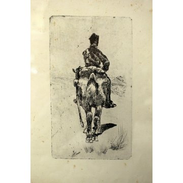 ANTICA COPPIA STAMPA ACQUAFORTE Fattori Giovanni CARABINIERE A CAVALLO e CAVALLO