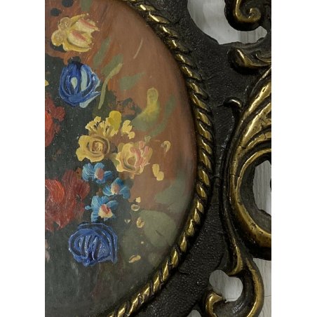 ANTICO DIPINTO OLIO FIORI MINIATURA CORNICE OVALE DECORATA OTTONE INIZIO 900 OLD