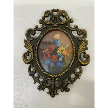 ANTICO DIPINTO OLIO FIORI MINIATURA CORNICE OVALE DECORATA OTTONE INIZIO 900 OLD