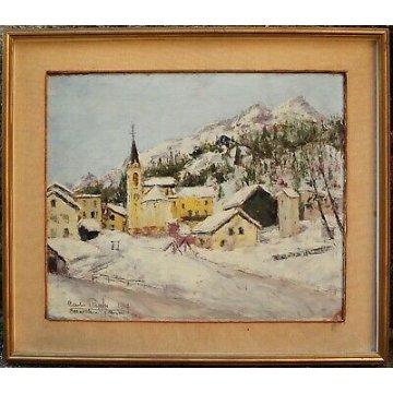 ANTICO QUADRO Carlo Righi PAESAGGIO Engadina St. Moritz Champ Fér 1967 NEVE  