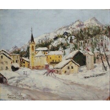 ANTICO QUADRO Carlo Righi PAESAGGIO Engadina St. Moritz Champ Fér 1967 NEVE  